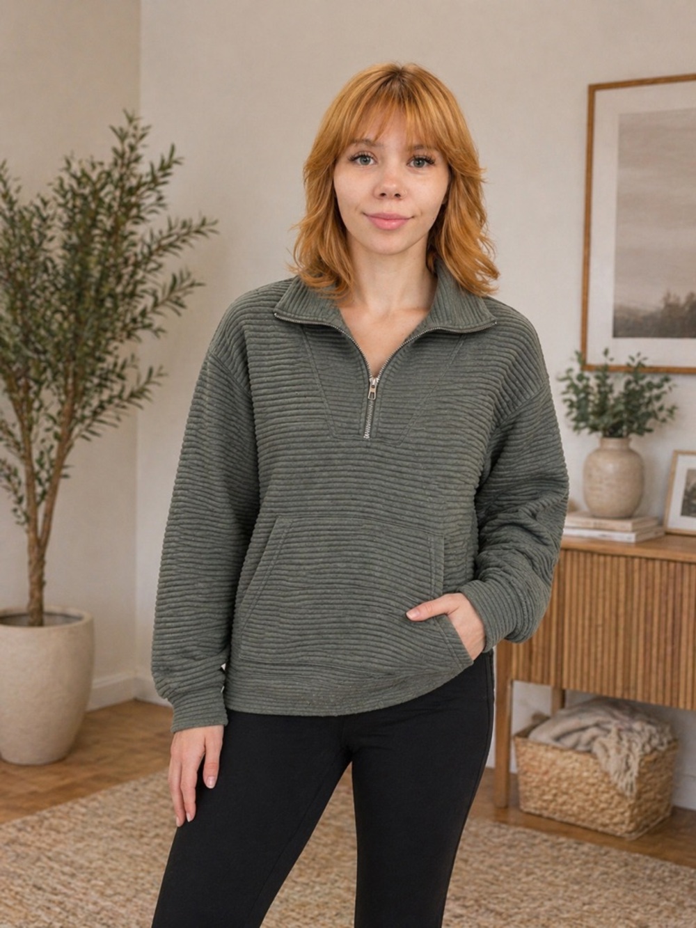 Kirkland Signature Olive Ribbed Half-Zip Pullover